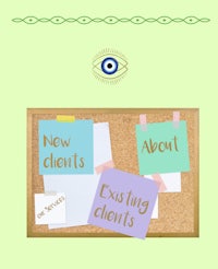 a bulletin board with notes about new clients and existing clients