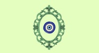 an evil eye in an ornate frame on a green background
