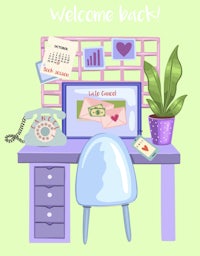 a cartoon illustration of a desk with a computer and a phone